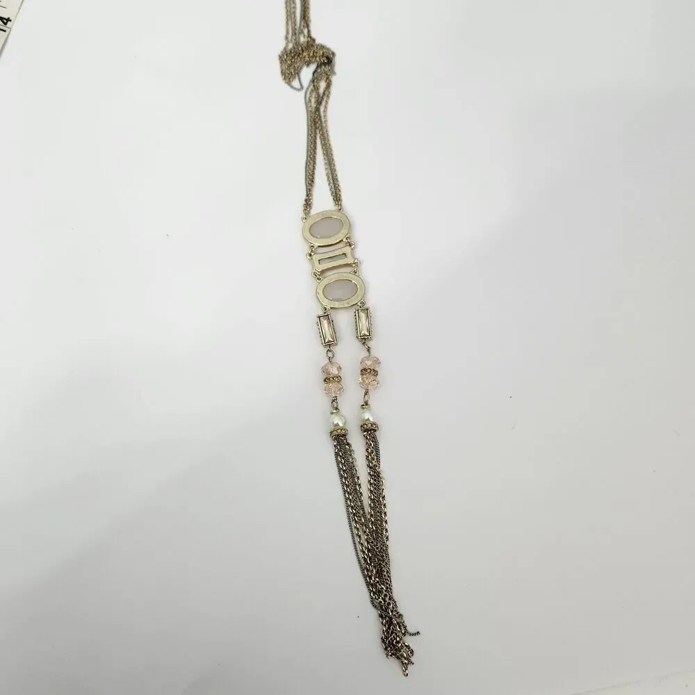 Chicos Necklace Gold Tone Chain Tassel White Acrylic Bead Faux Pearl Long
